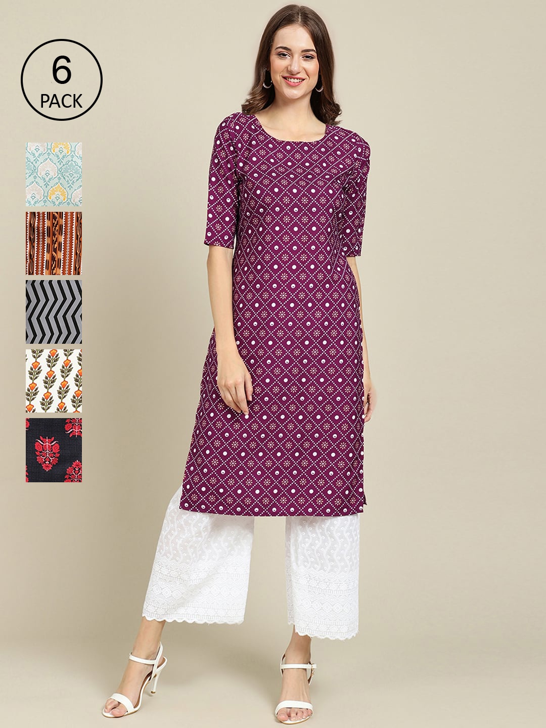 

7Threads Pack of 6 Women Magenta & Black Ethnic Motifs Printed Crepe Kurta