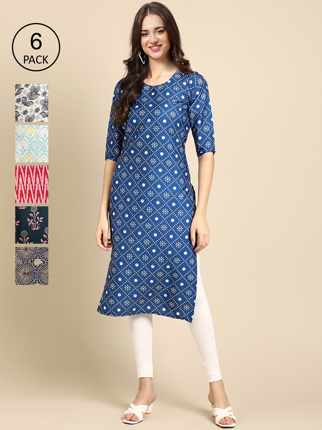

7Threads Women Set Of 6 Blue & Pink Floral Printed Crepe Kurta