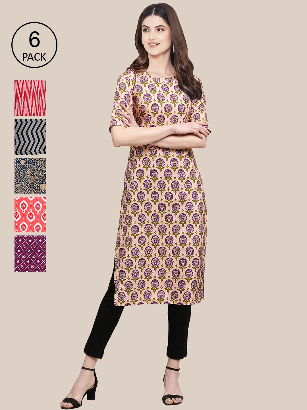 

7Threads Women Pack of 6 Printed Crepe Kurtas, Multi