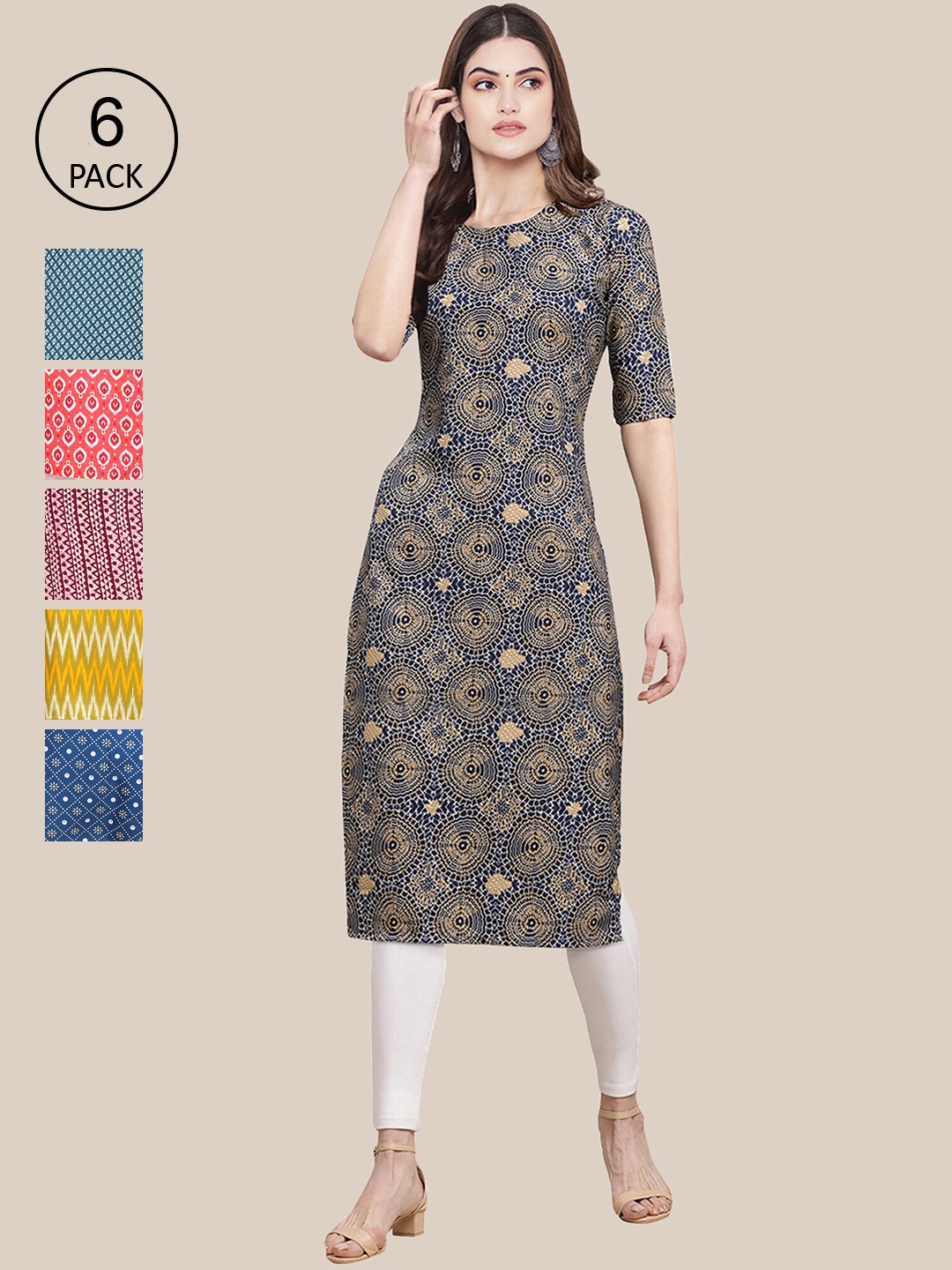 

7Threads Women Set Of 6 Blue & Yellow Floral Printed Crepe Kurta
