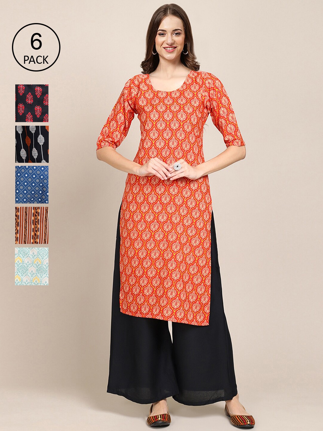 

7Threads Women Pack of 6 Women Printed Straight Crepe Kurta, Multi