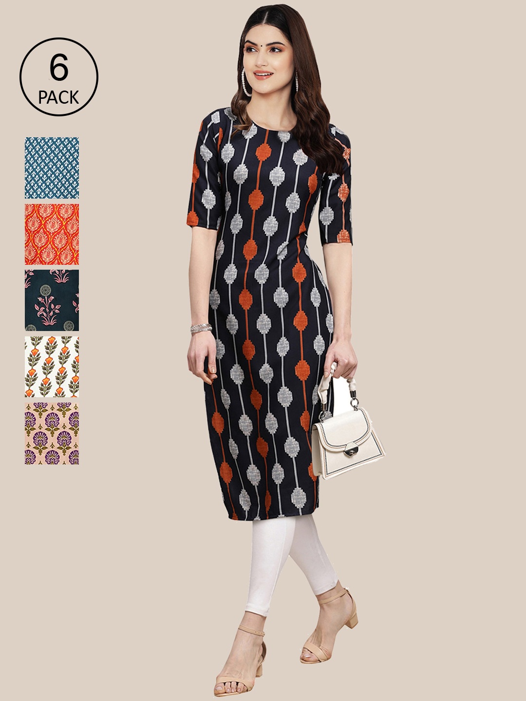 

7Threads Women Pack of 6 Ethnic Motifs Printed Crepe Kurta, Multi
