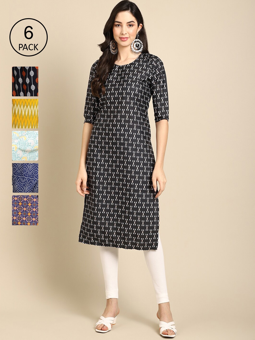 

7Threads Women Pack of 6 Geometric Printed Summer Sheers Crepe Kurta, Black