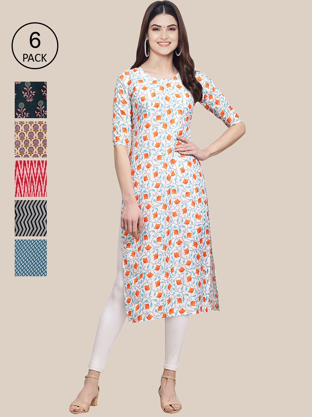 

7Threads Women Pack of 6 Ethnic Motifs Printed Summer Sheers Crepe Kurta, Grey