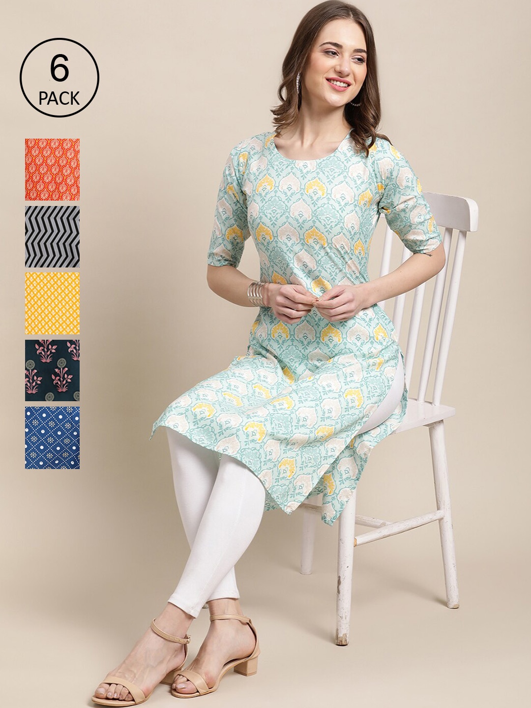 

7Threads Women Pack of 6 Geometric Printed Summer Sheers Crepe Kurta, Green