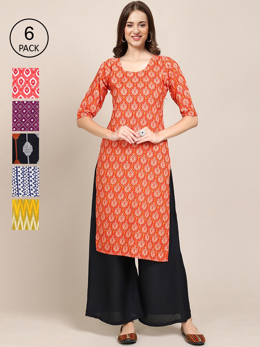 

7Threads Women Pack Of 6 Geometric Printed Crepe Kurta, Yellow