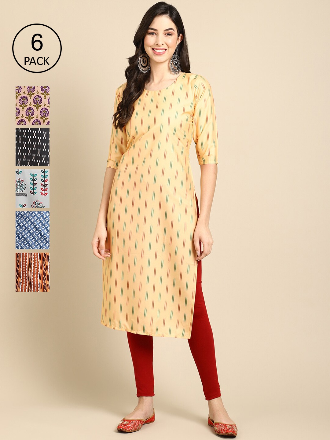 

7Threads Women Pack Of 6 Multicoloured Geometric Printed Crepe Kurta, Multi