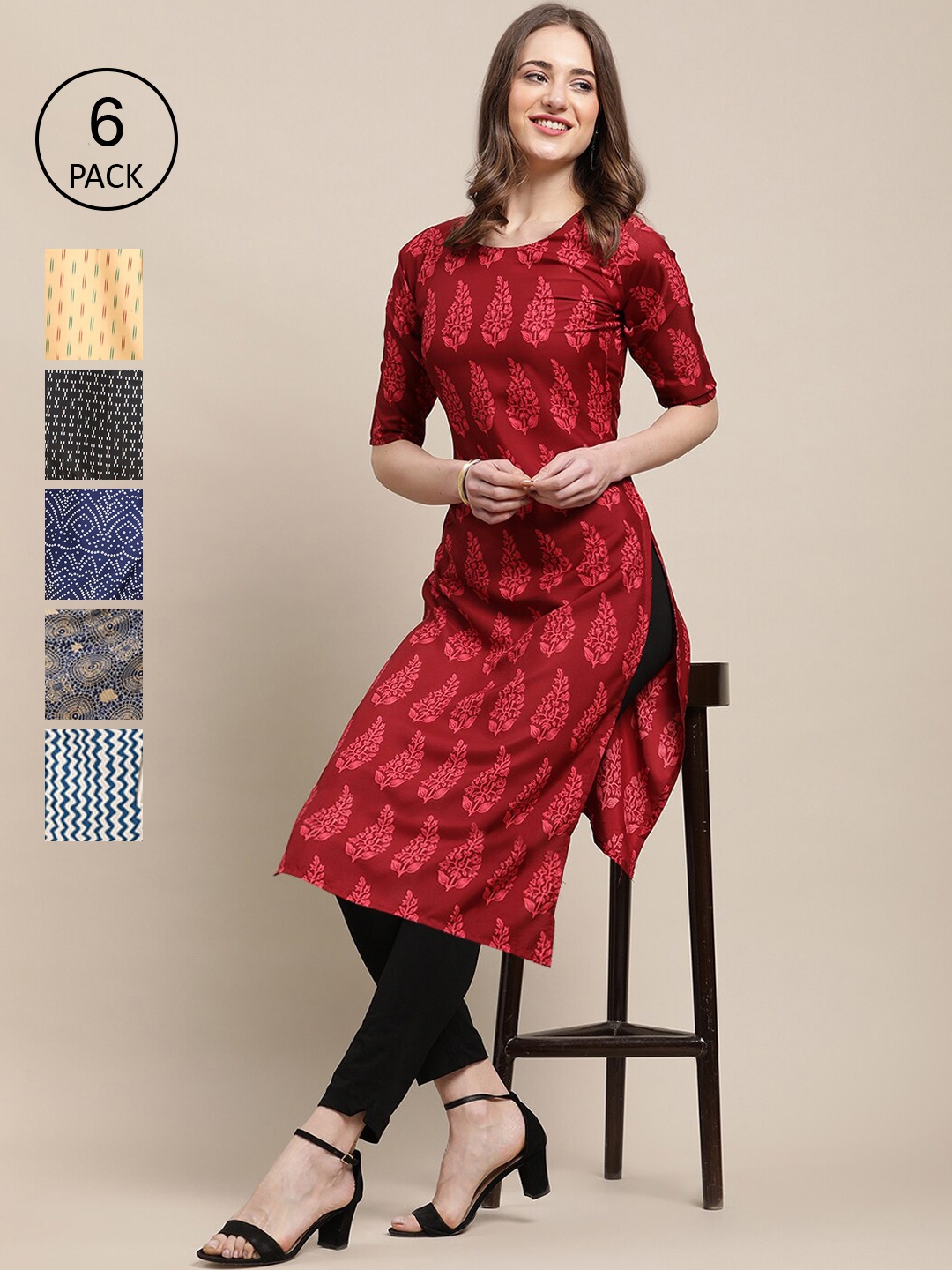 

7Threads Women Pack of 6 Printed Crepe Kurtas, Multi