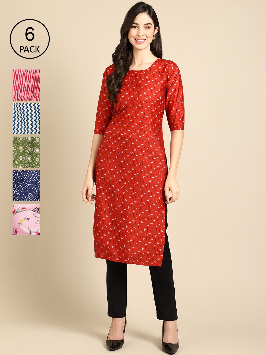 

7Threads Women Pack Of 6 Ethnic Motifs Printed Crepe Kurta, Red