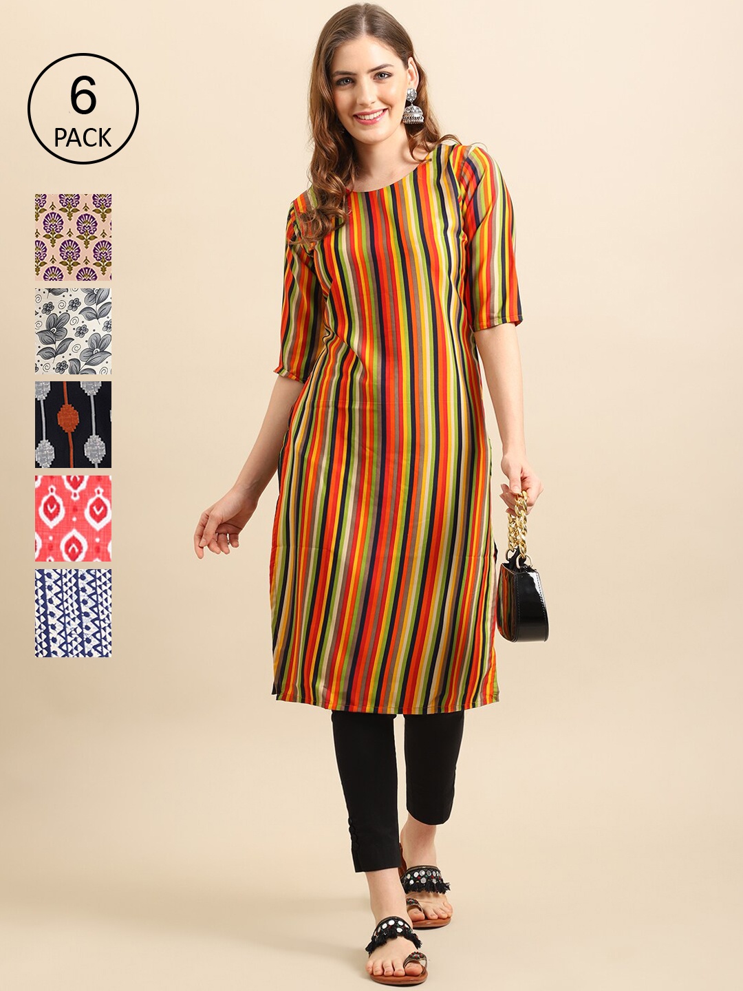 

7Threads Women Pack Of 6 Printed Crepe Kurta, Multi