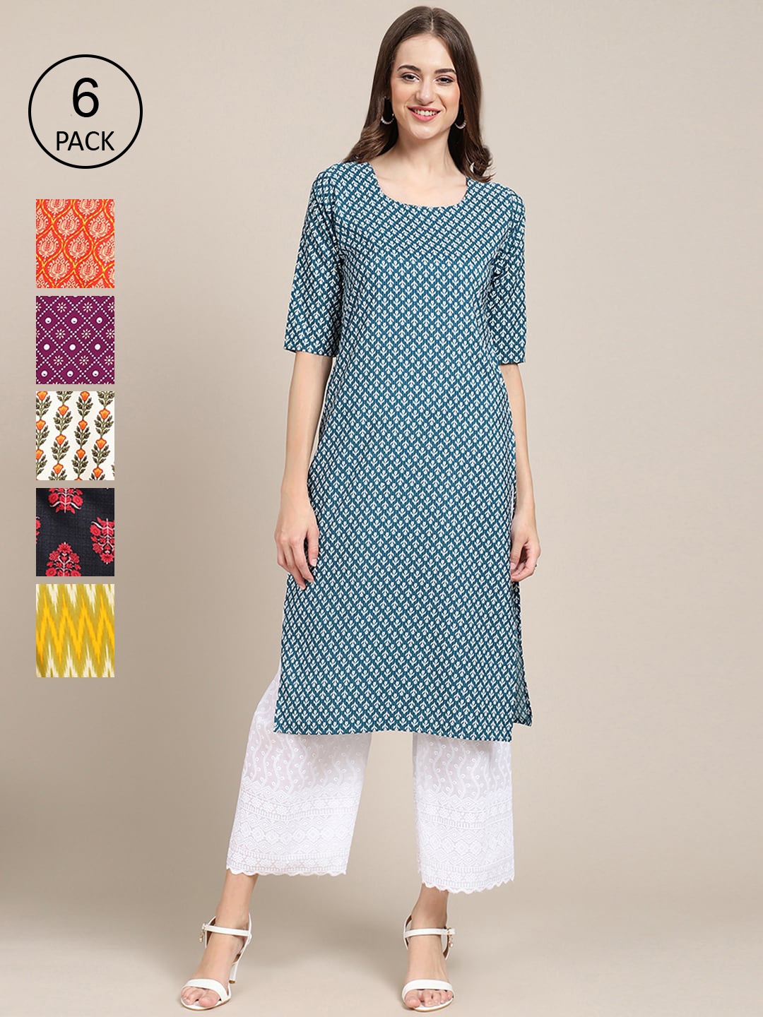 

7Threads Women Blue And Yellow Summer Sheers Crepe Kurta [PACK OF 6], Black