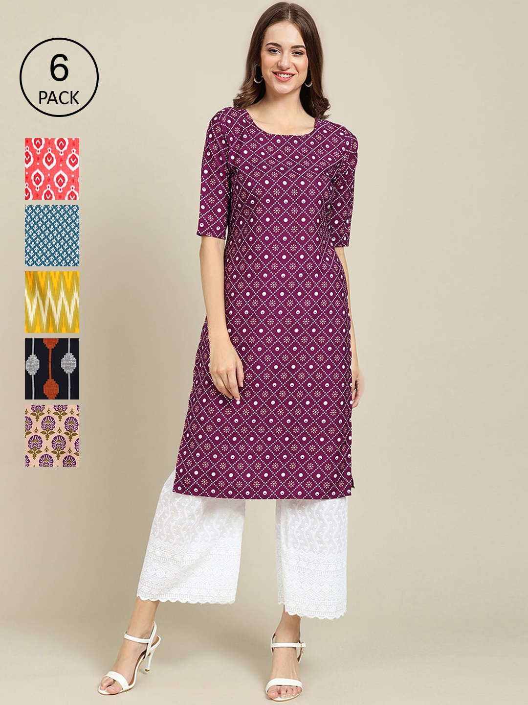 

7Threads Women Pack of 6 Geometric Printed Summer Sheers Crepe Kurta, Blue