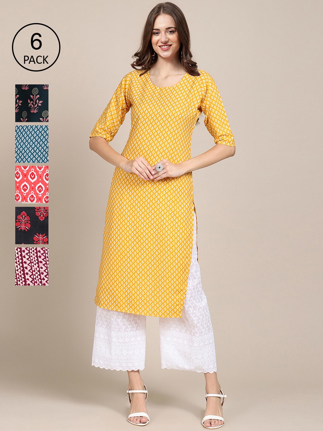 

7Threads Women Yellow & Red Floral Printed Summer Sheers Crepe Kurta