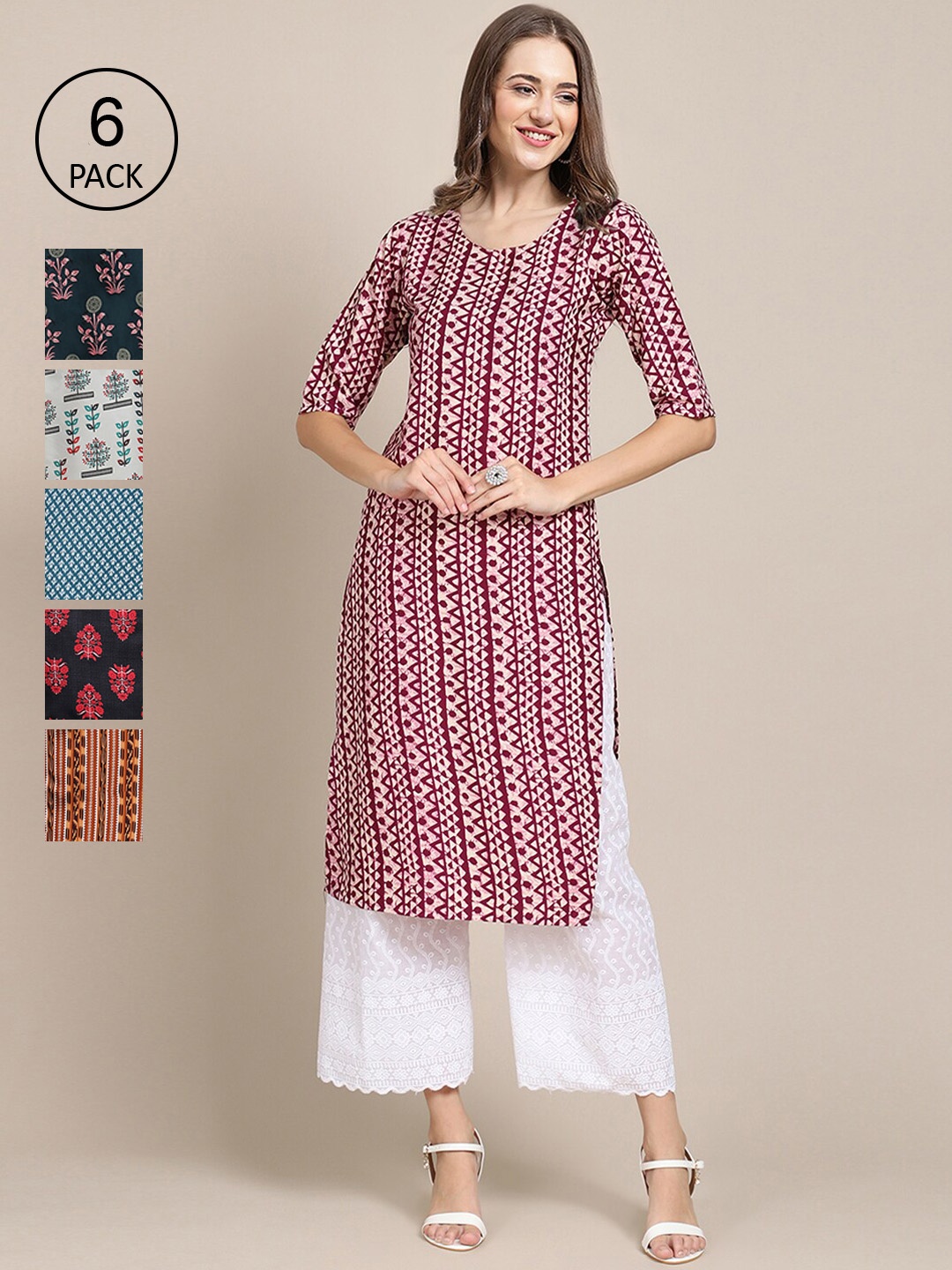 

7Threads Women Pack of 6 Pink & Blue Floral Printed Crepe Kurta