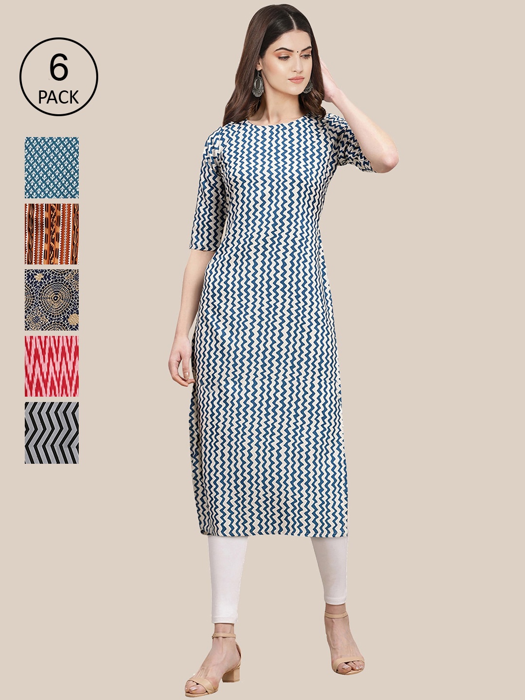 

7Threads Women Blue & Pink Pack Of 6 Geometric Printed Summer Sheers Crepe Kurta