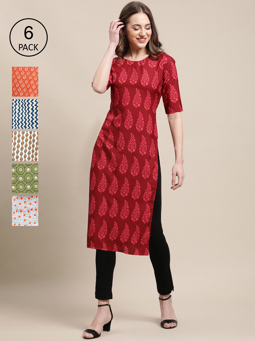 

7Threads Women Pack of 6 Ethnic Motifs Printed Summer Sheers Crepe Kurta, Red