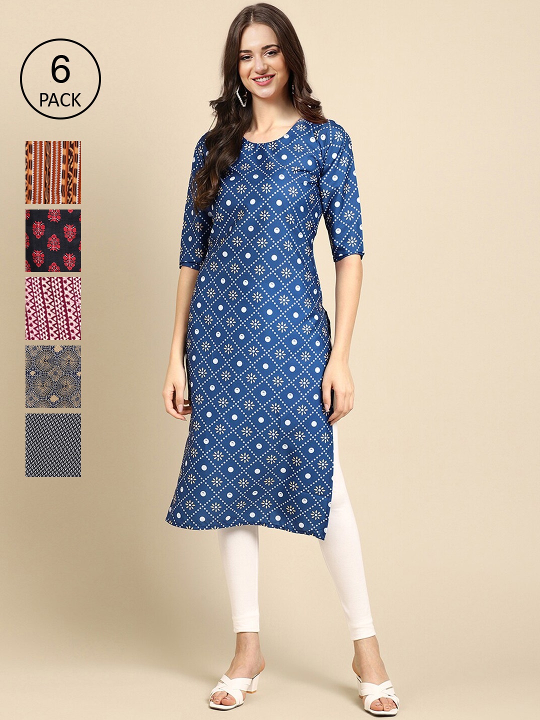 

7Threads Women Pack of 6Geometric Printed Crepe Kurta, Blue