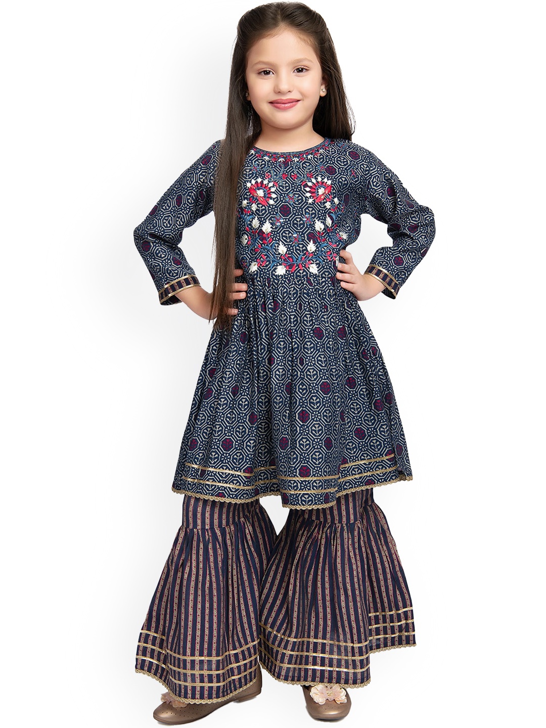 

Tiny Kingdom Girls Blue Ethnic Motifs Printed Gotta Patti Kurta with Sharara