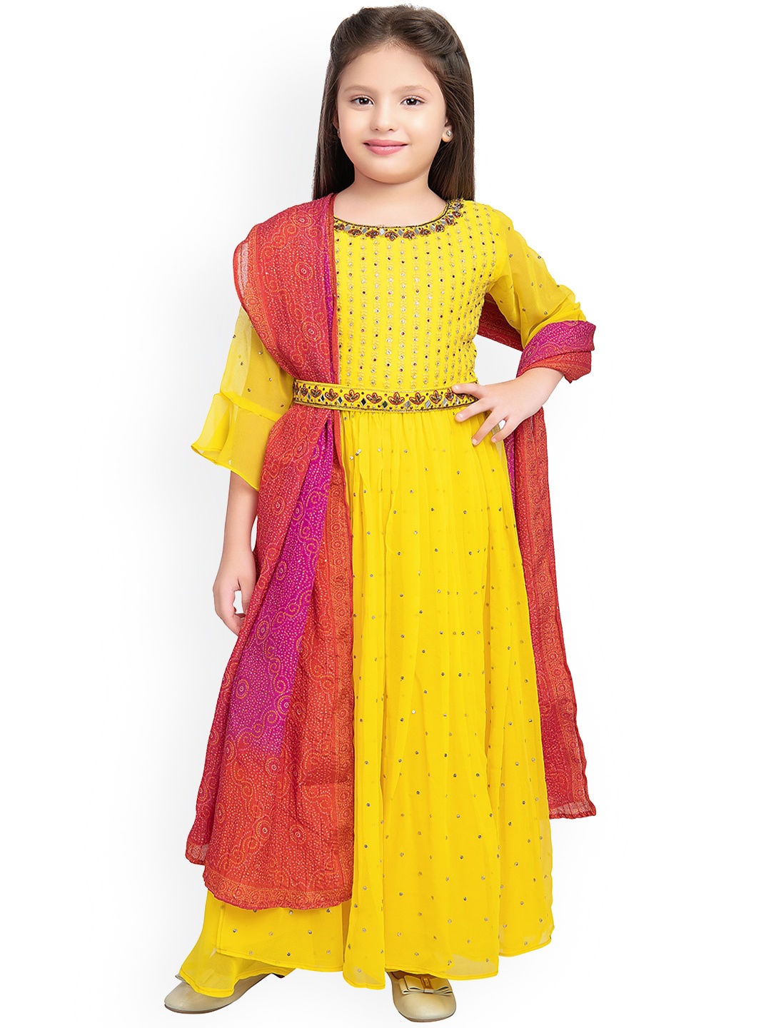 

Tiny Kingdom Girls Embellished Top Palazzos with Belt & Dupatta, Yellow