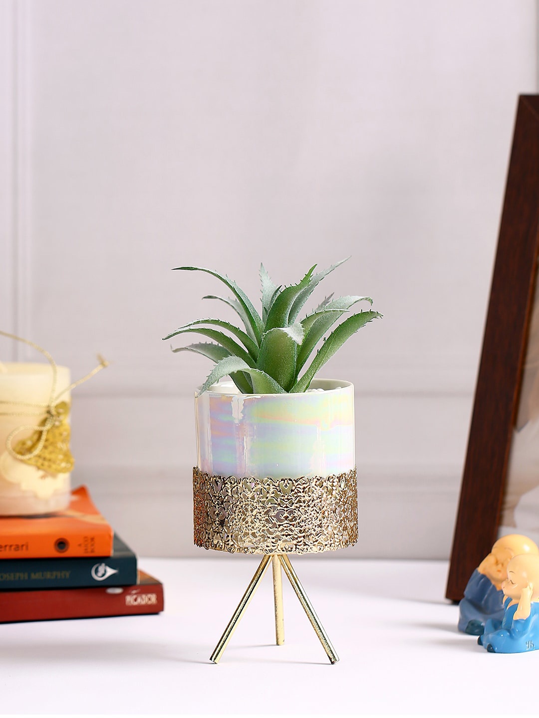 

Fourwalls Green & White Artificial Succulent Plant With Ceramic Pot