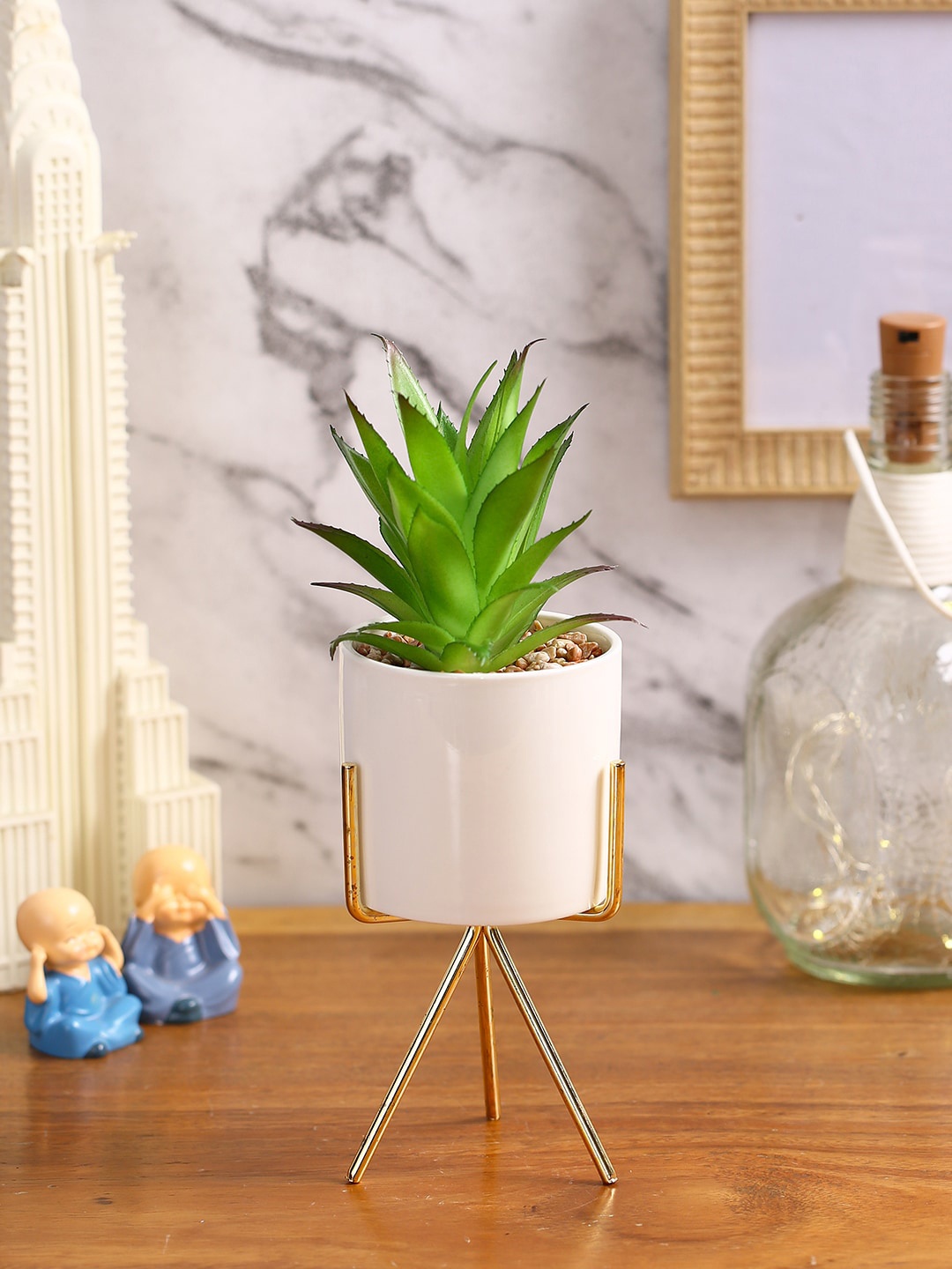 

Fourwalls Green & White Solid Artificial Succulent Plant With Pot