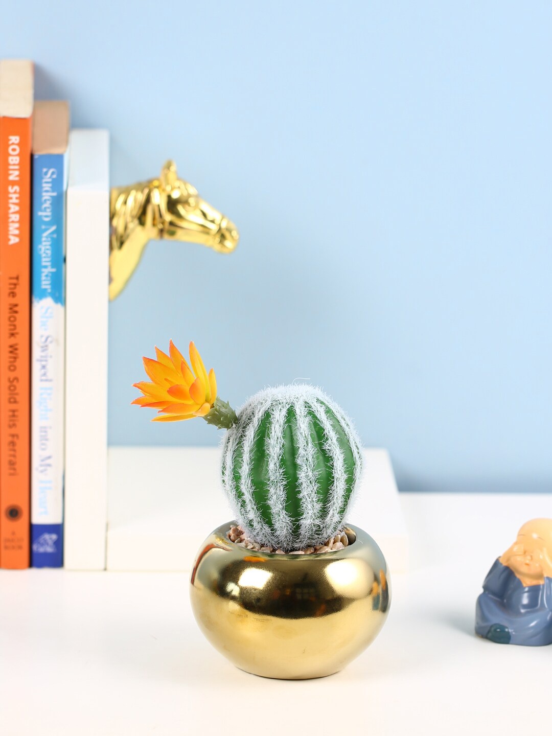 

Fourwalls Green & Gold Artificial Bloomed Cactus Plant With Pot