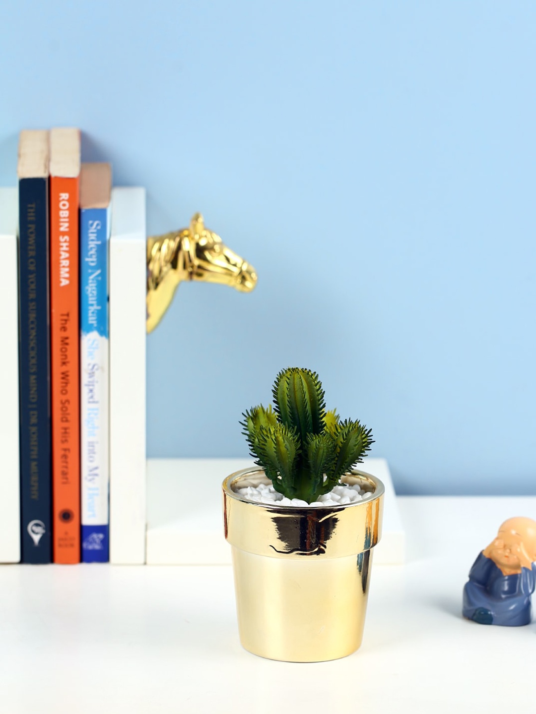 

Fourwalls Green & Golden Artificial Cactus Succulent Plant in a Ceramic Pot