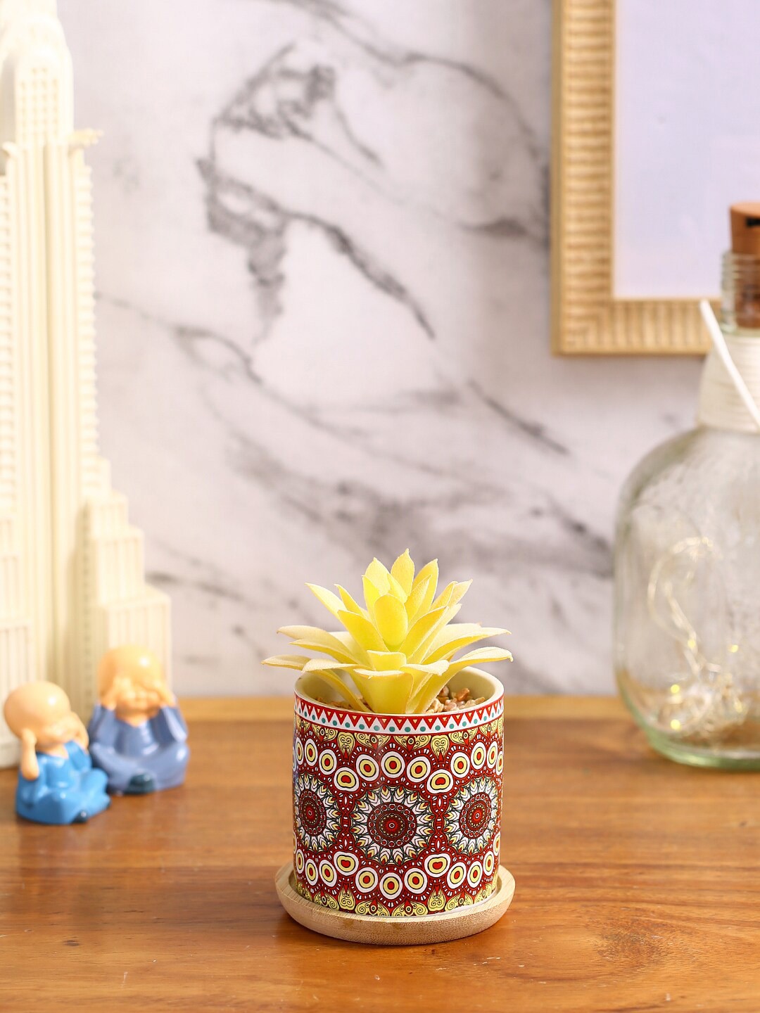 

Fourwalls Yellow & Brown Artificial Succulent Plant With Ceramic Pot & Coaster