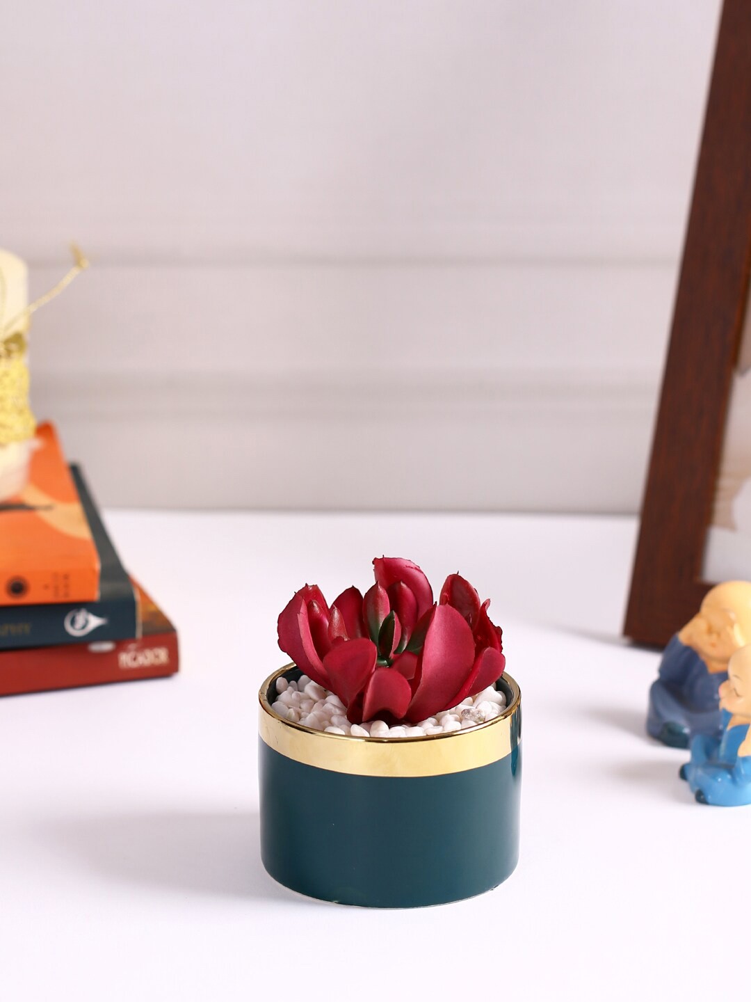 

Fourwalls Red & Green Artificial Cactus Succulent Plant With Ceramic Pot