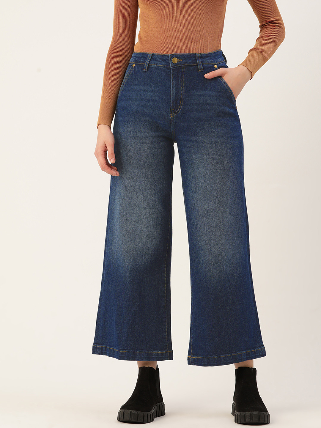 

DressBerry Women Navy Blue Wide Leg High-Rise Light Fade Stretchable Jeans