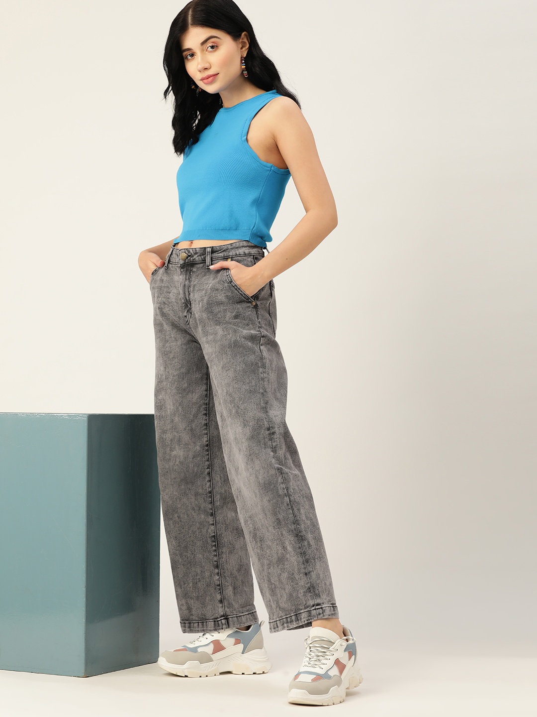 

4WRD by Dressberry Women Charcoal Grey Wide Leg Light Fade Jeans