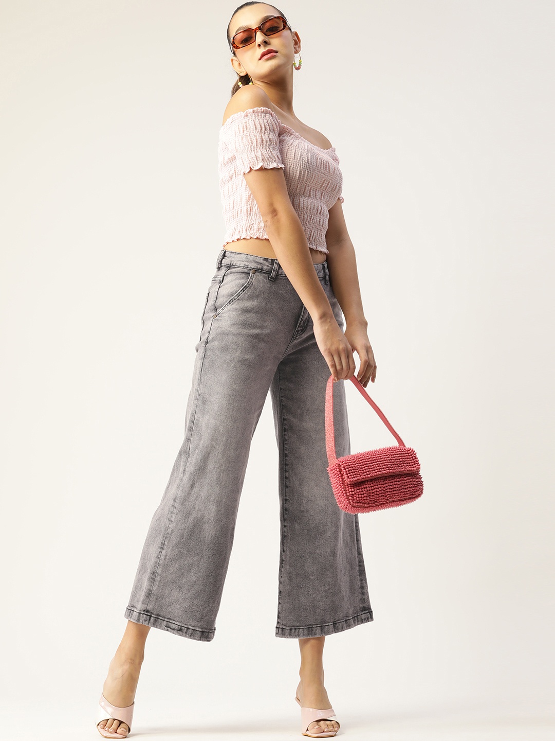 

DressBerry Women Grey Heavy Fade Wide Leg Stretchable Jeans