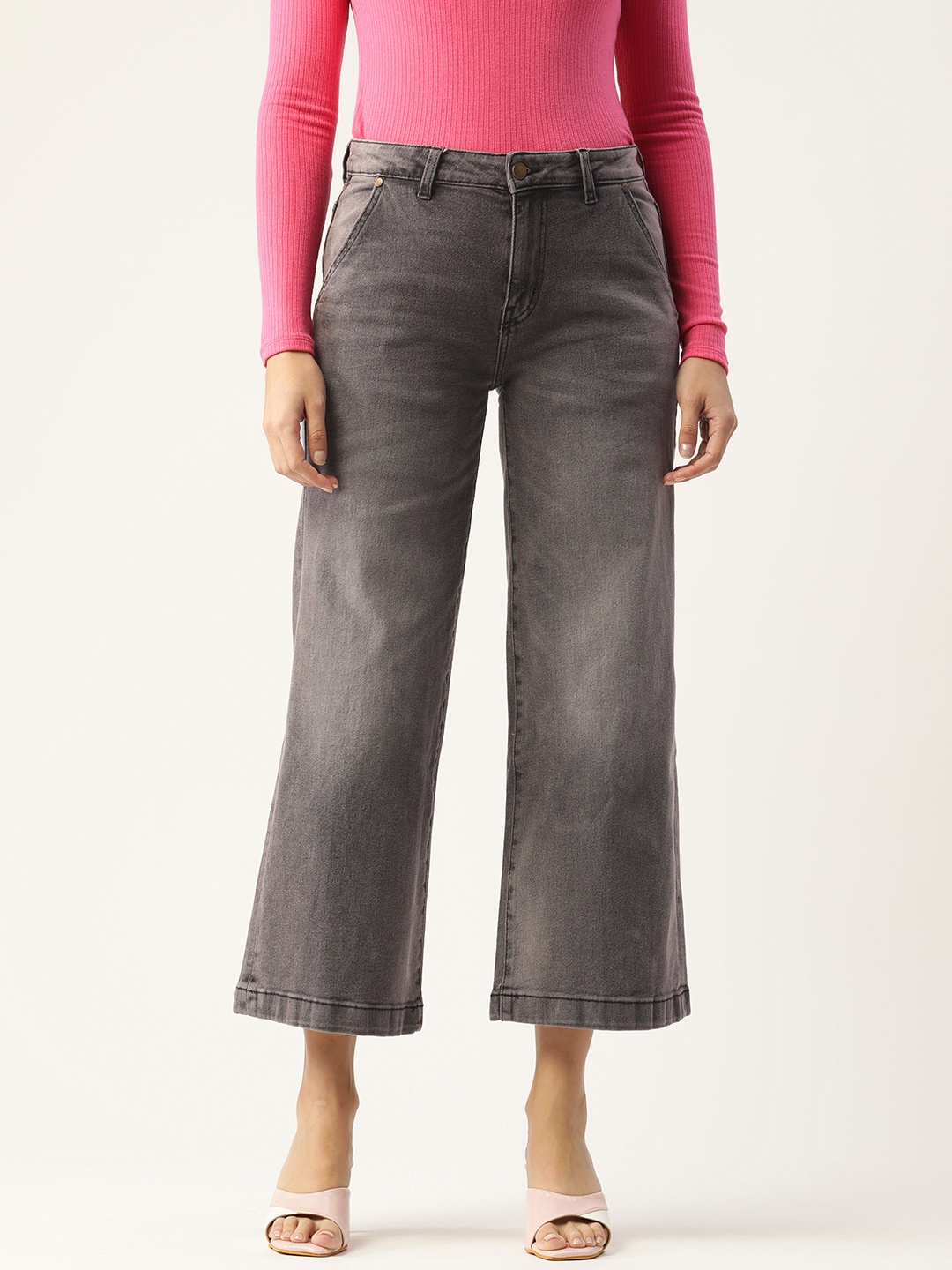 

DressBerry Women Charcoal Grey Light Fade Wide Leg Stretchable Jeans