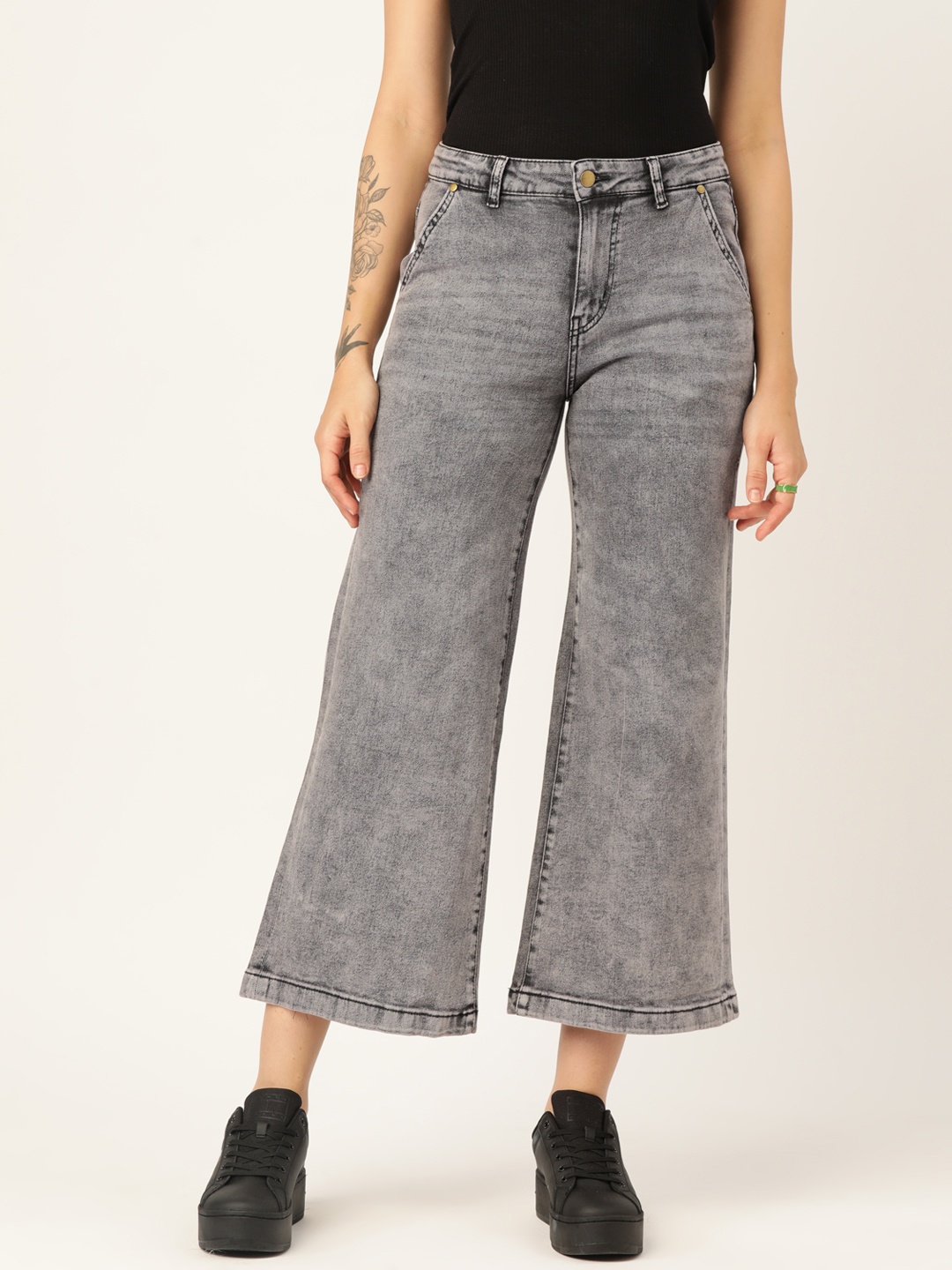 

DressBerry Women Wide Leg Light Fade Stretchable Cropped Jeans, Grey