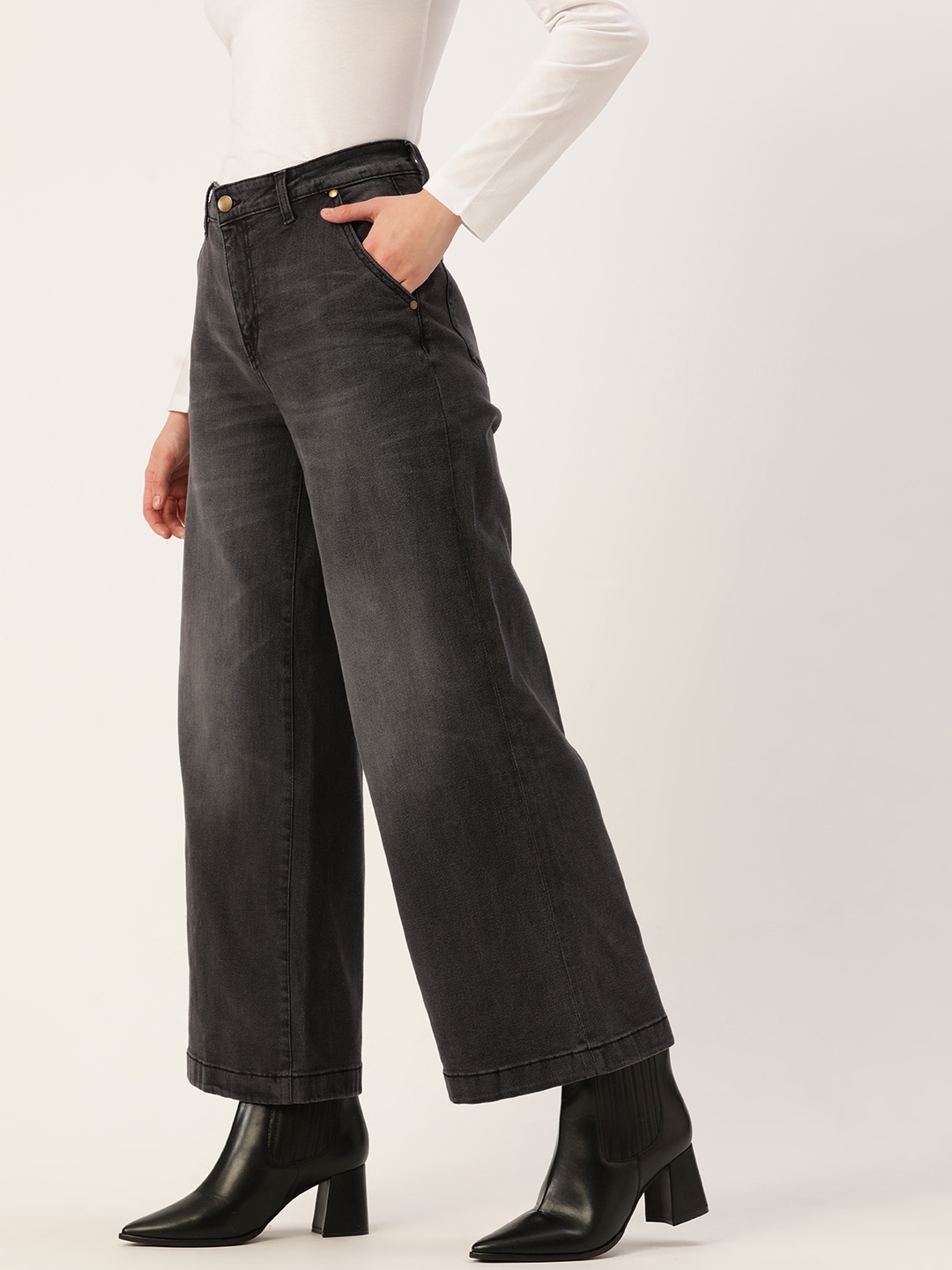 

DressBerry Women Charcoal Wide Leg High-Rise Light Fade Stretchable Jeans