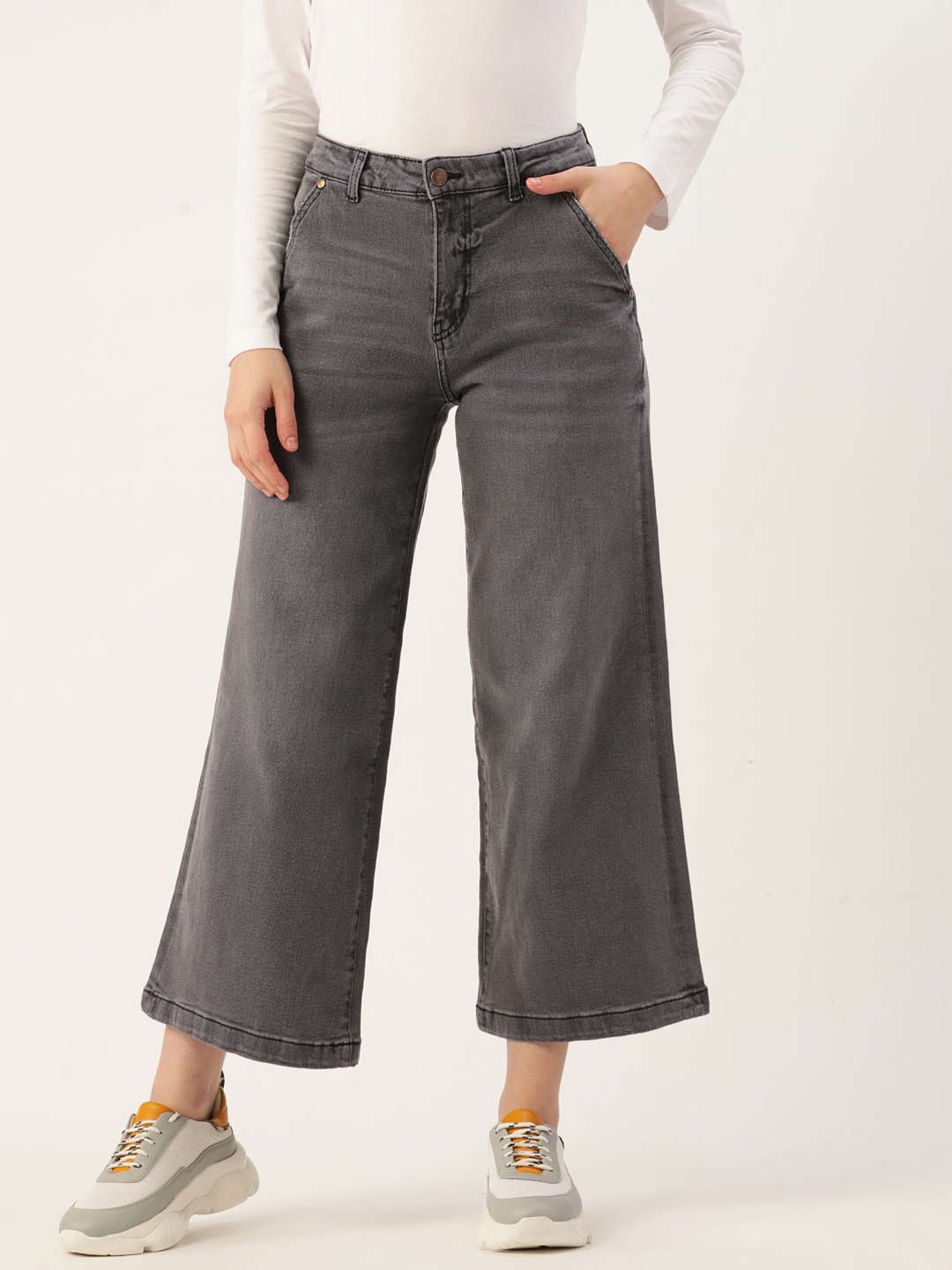 

DressBerry Women Charcoal Wide Leg High-Rise Light Fade Stretchable Jeans