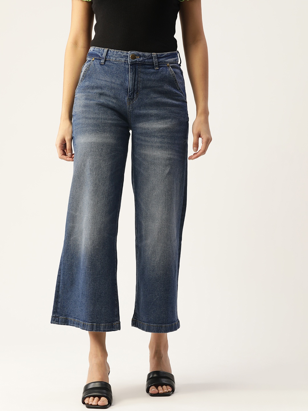 

DressBerry Women Navy Blue Light Fade Wide Leg Stretchable Jeans
