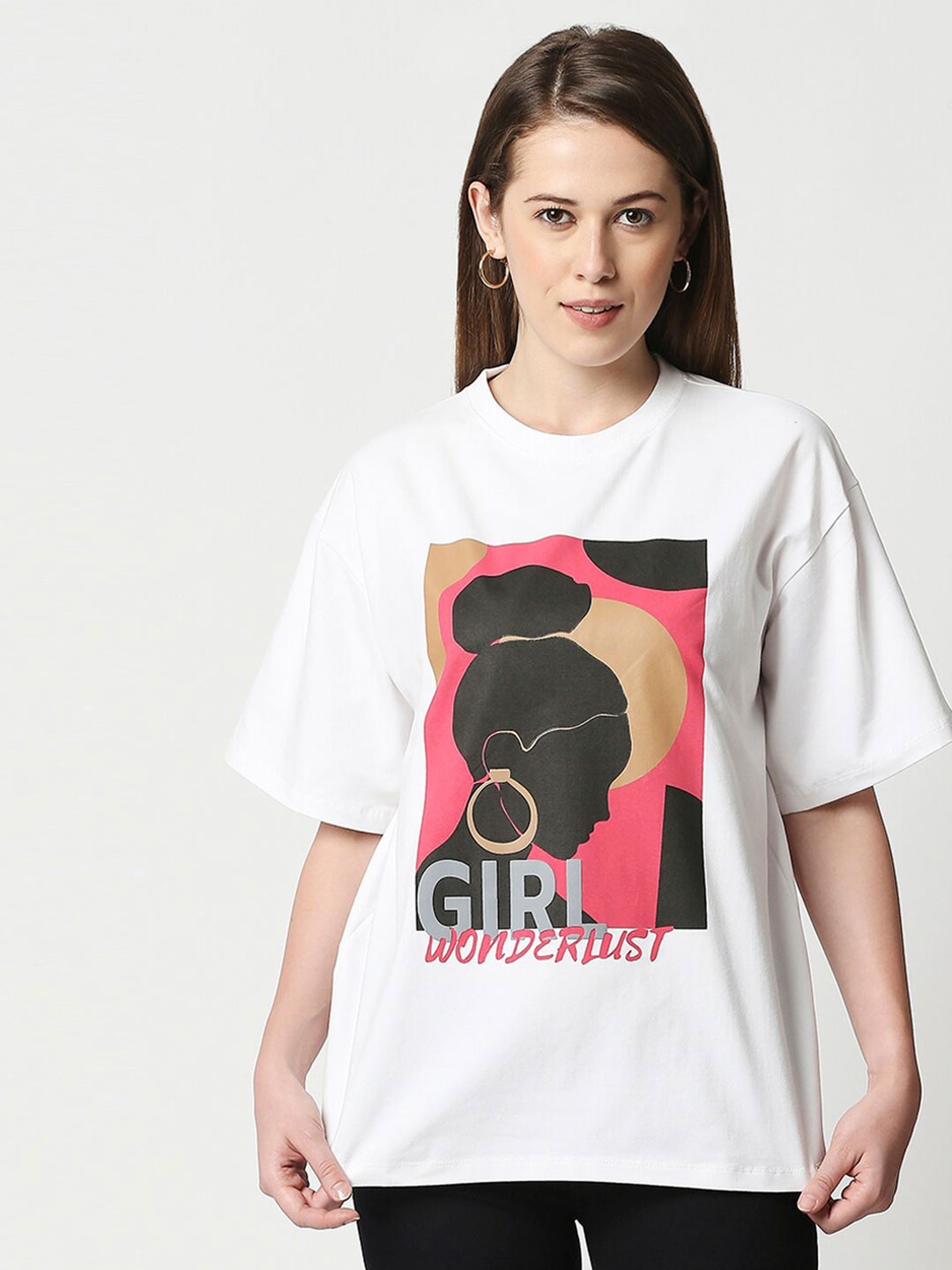 

Blamblack Women White Typography Printed Drop-Shoulder Sleeves Oversized T-shirt