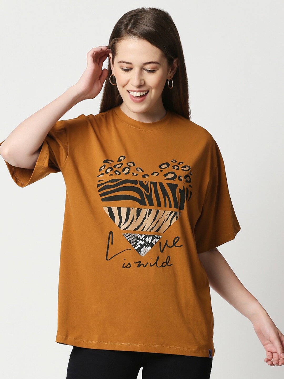

Blamblack Women Mustard Yellow Typography Printed Oversized T-shirt