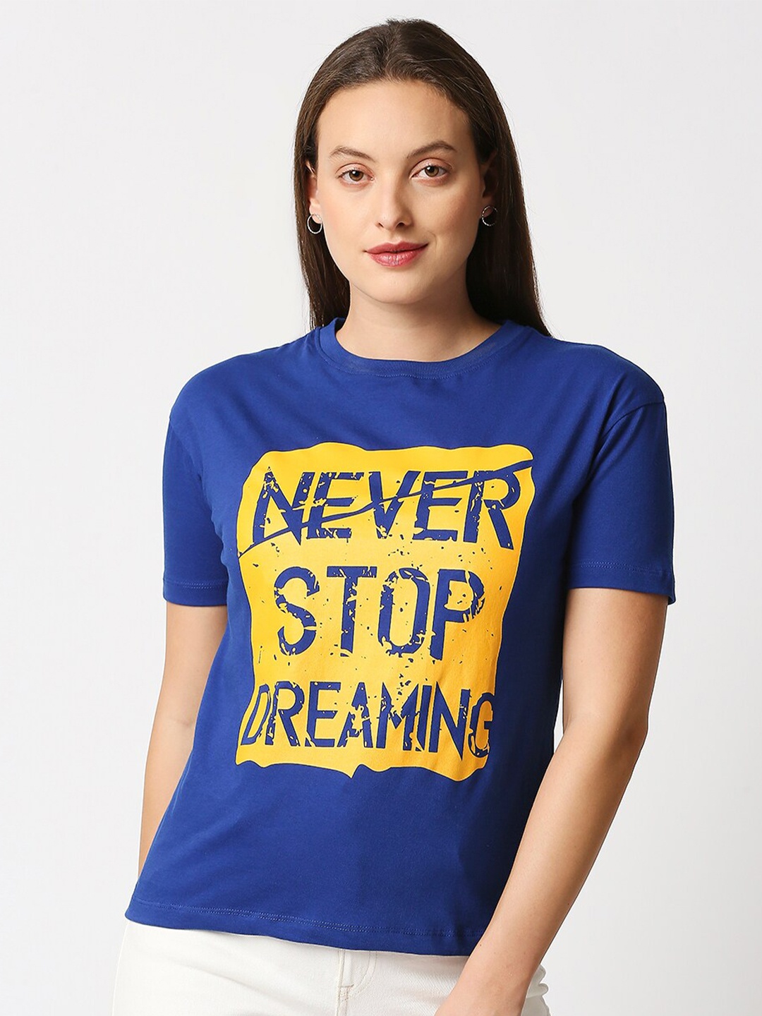 

Blamblack Women Blue Typography Printed T-shirt