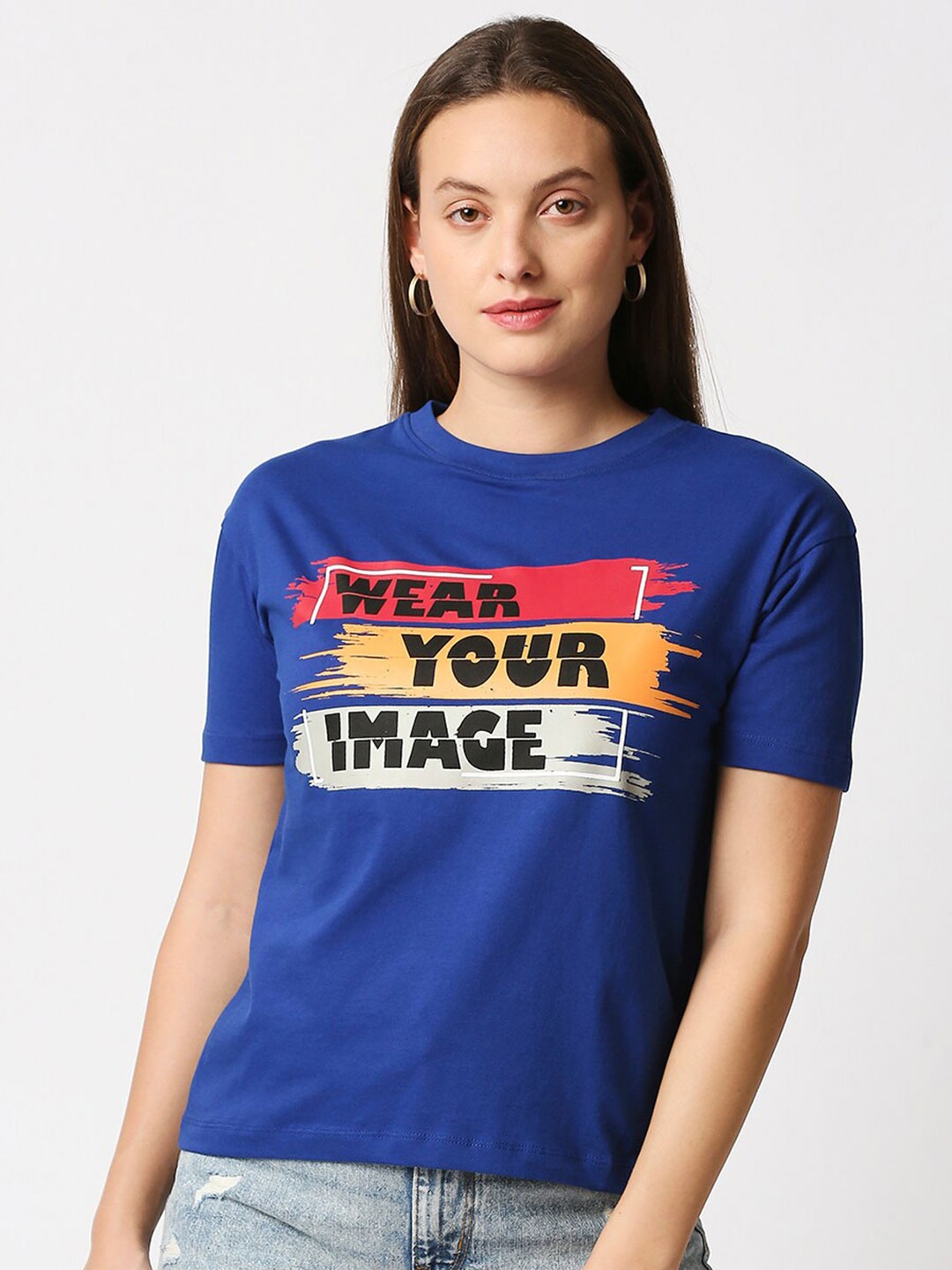 

BLAMBLACK Women Round Neck Regular T-Shirt Blue Color Printed Regular sleeves