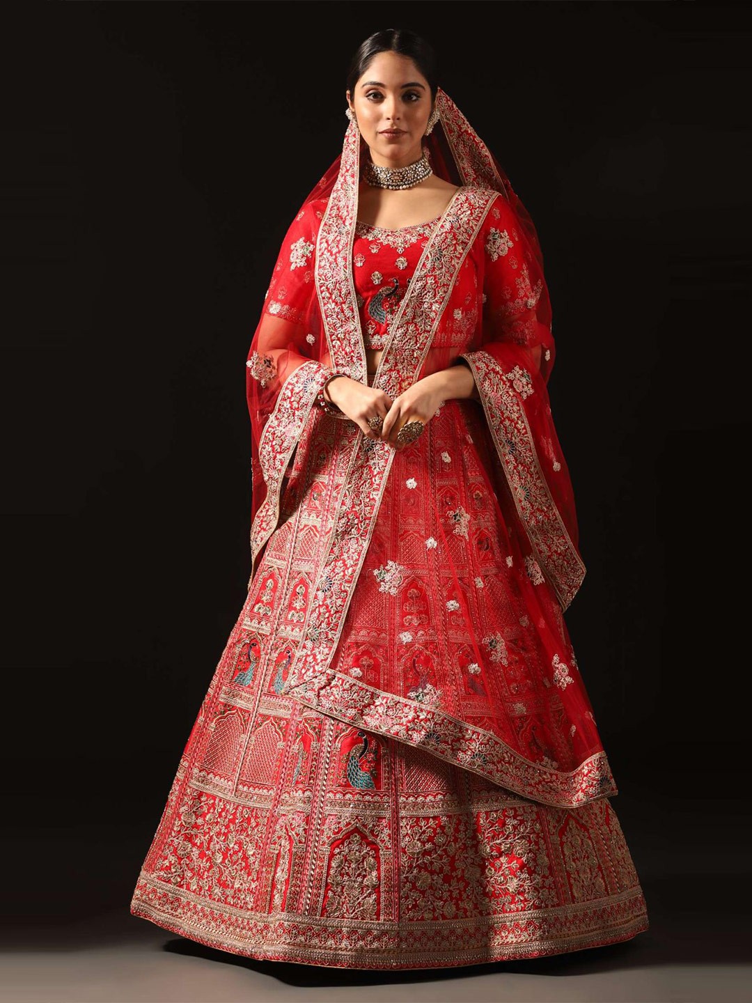 

Phenav Red & Green Embroidered Ready to Wear Lehenga & Blouse With Dupatta