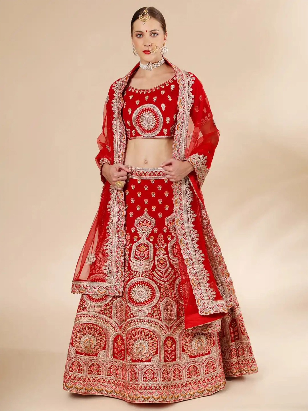 

Phenav Red & Gold-Toned Embroidered Ready to Wear Lehenga & Blouse With Dupatta