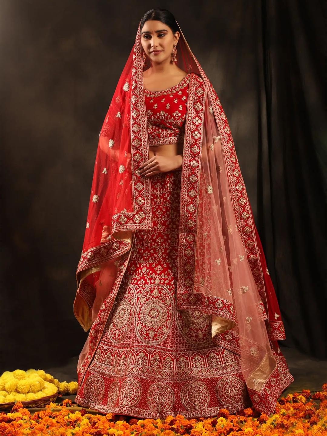 

Phenav Red & Gold-Toned Embellished Ready to Wear Lehenga & Blouse With Dupatta