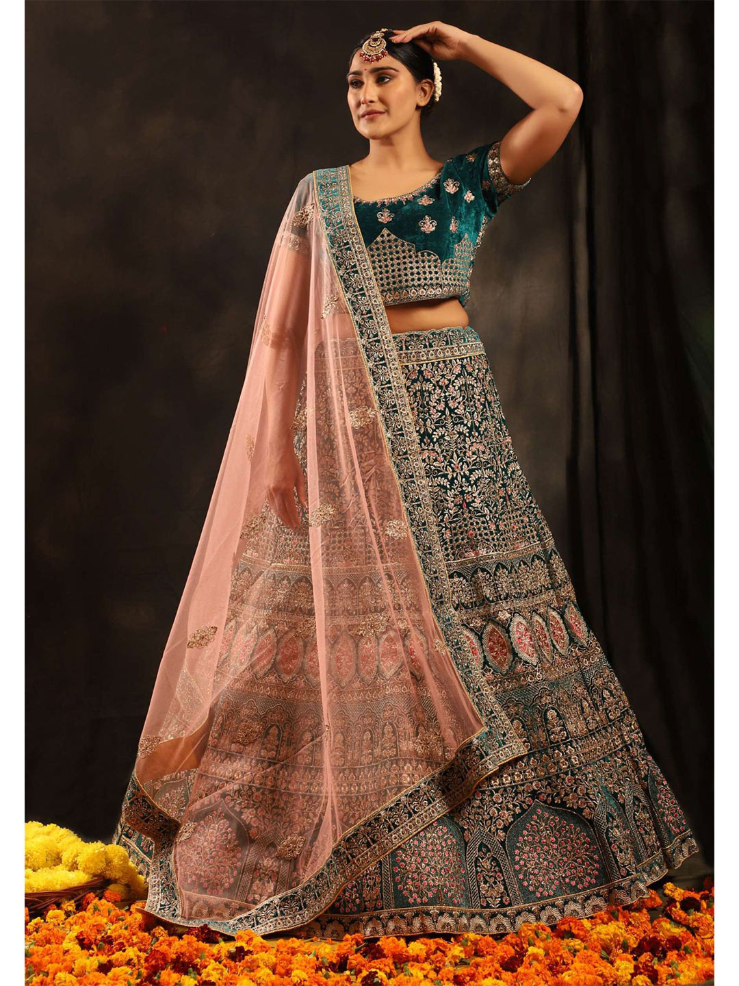

Phenav Green & Peach-Coloured Embellished Ready to Wear Lehenga & Blouse With Dupatta