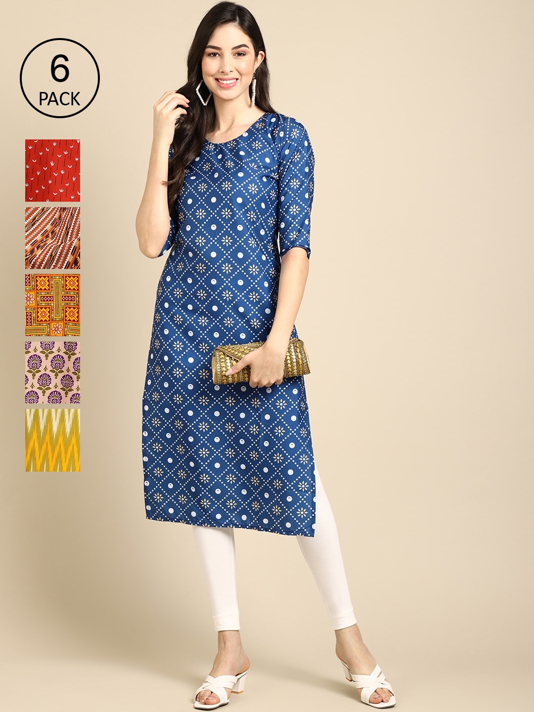 

7Threads Women Pack of 6 Printed Crepe Kurta, Blue