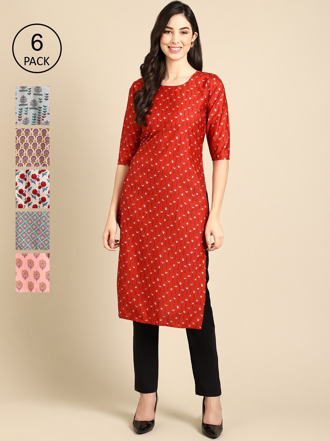 

7Threads Women Multicoloured Pack of 6 Ethnic Motifs Printed Crepe Kurta, Multi