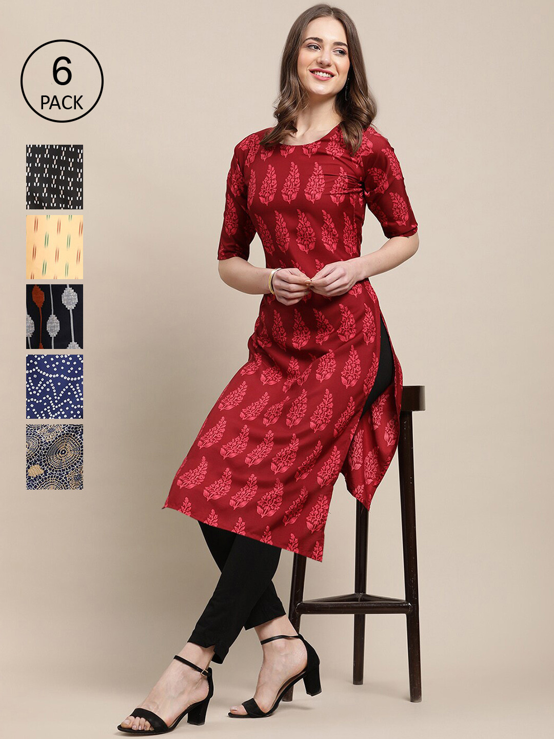 

7Threads Women Pack Of 6 Ethnic Motifs Printed Crepe Kurta, Red