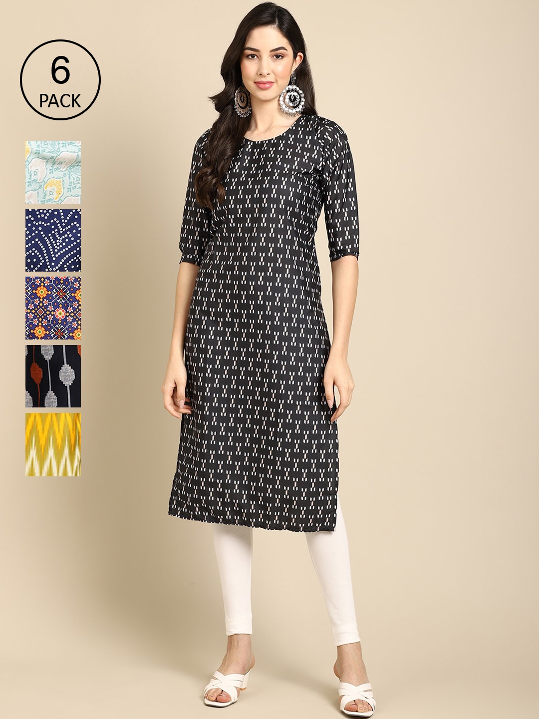 

7Threads Women Black & Navy Blue Pack of 6 Geometric Printed Crepe Kurtas