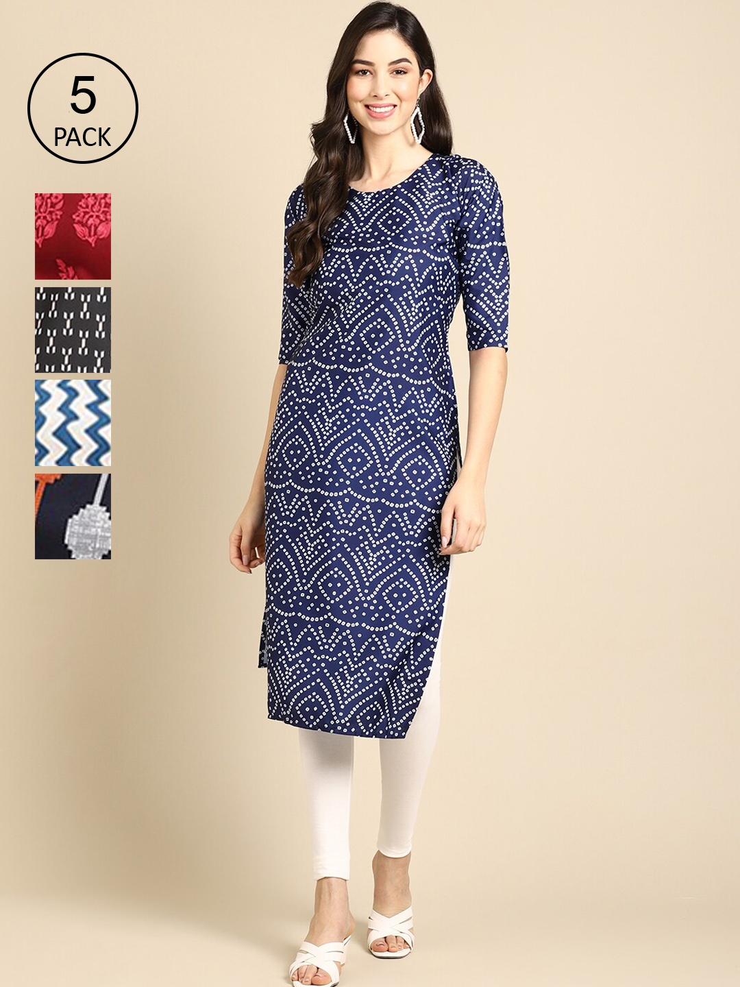 

7Threads Women Pack of 6 Printed Crepe Kurtas, Multi